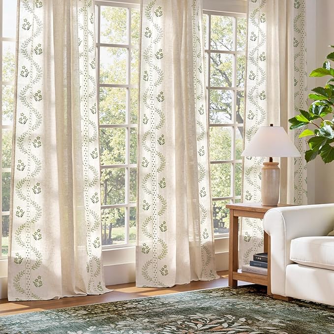 jinchan Belrose Linen Curtains for Bedroom Floral Curtains 72 Inch Length Linen - Image 3
