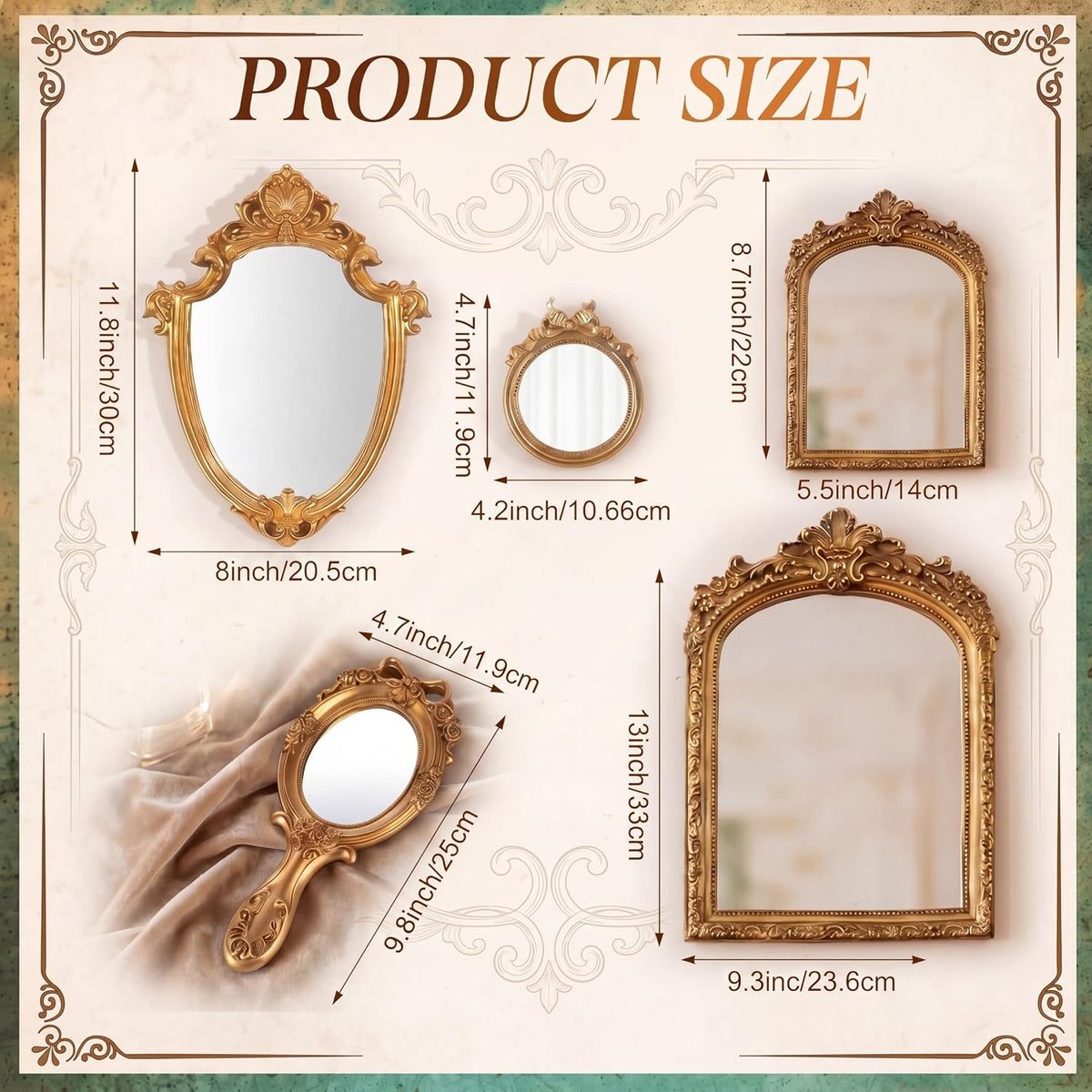 5 Pcs Vintage Gold Wall Mirror Set, 13in/8in/7in/4in, Classic Style