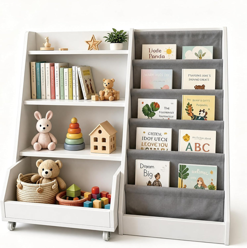 Kids Bookshelf and Toy Storage - Wooden Toddler Book Shelf with Drawer