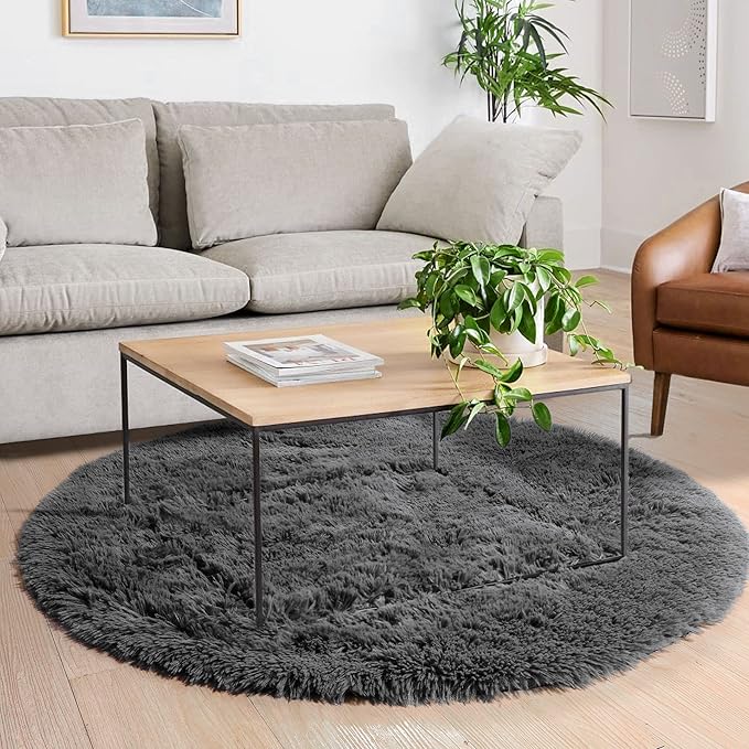 Grey Round Rugs 5Ft for Living Room Bedroom Aesthetic, Fluffy Fuzzy Shag Shaggy - Image 7