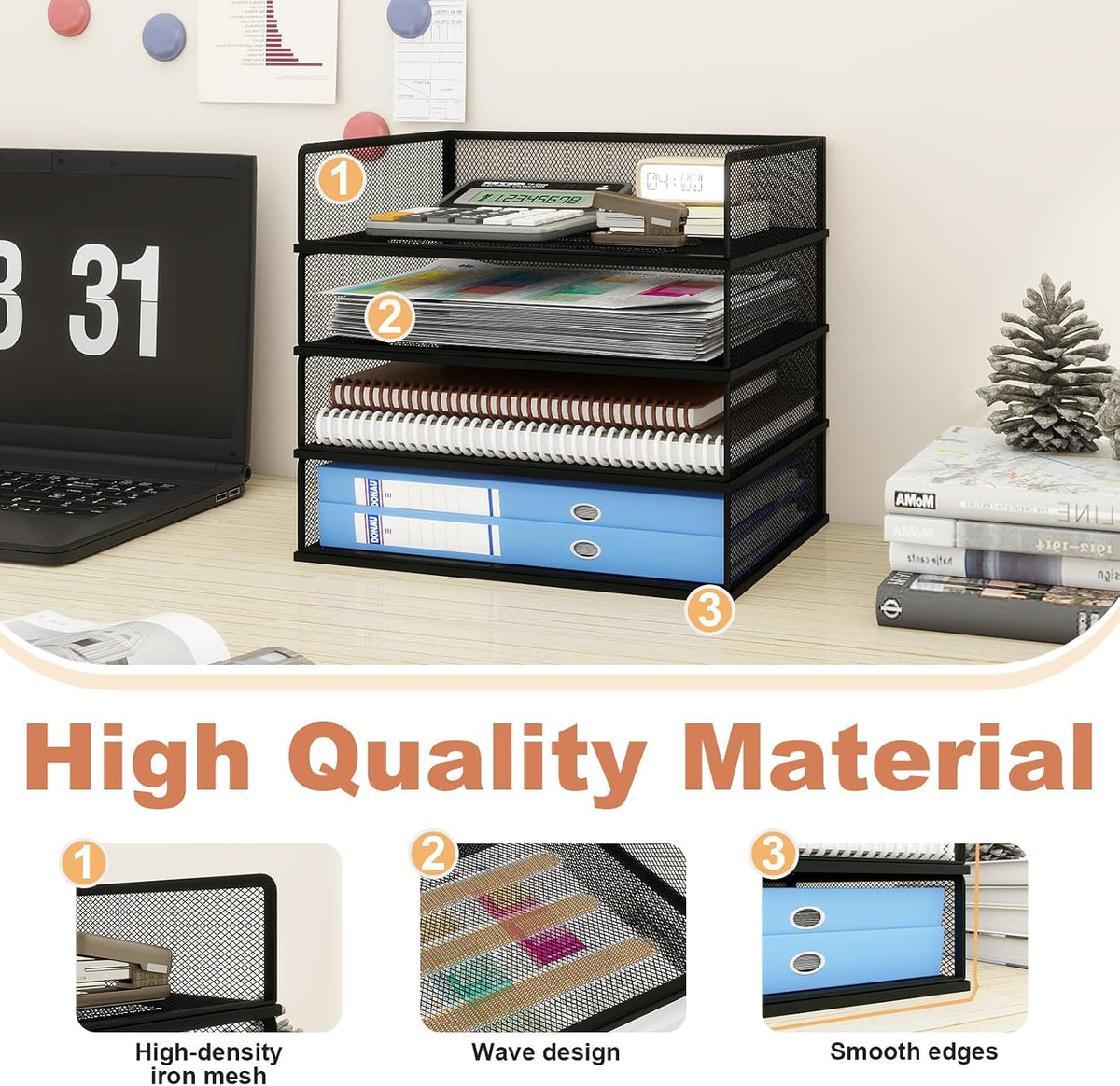 4-Tier Stackable Metal Mesh Letter Paper Tray Organizer,Black