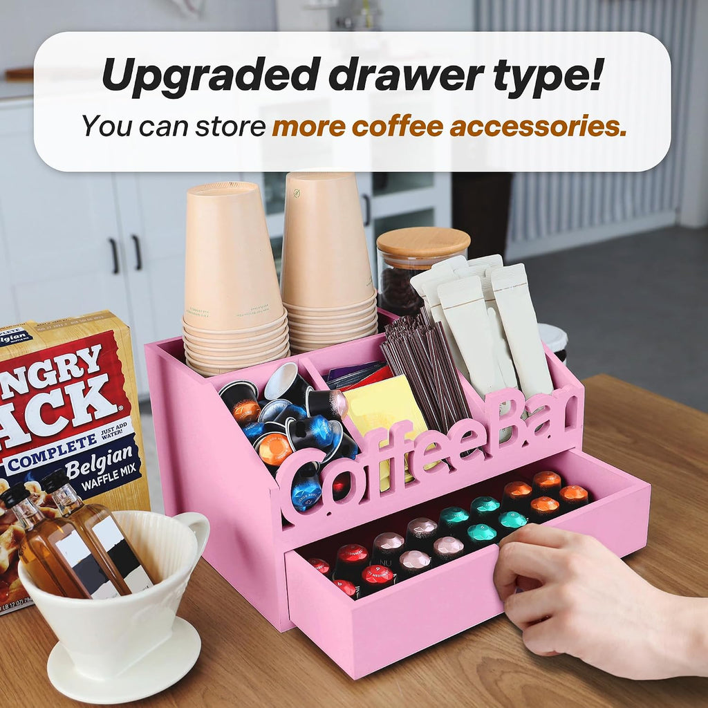 Coffee Bar Organizer Countertop, Wood Coffee Station with Drawer, Pink