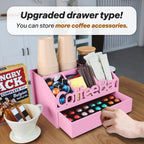 Coffee Bar Organizer Countertop, Wood Coffee Station with Drawer, Pink