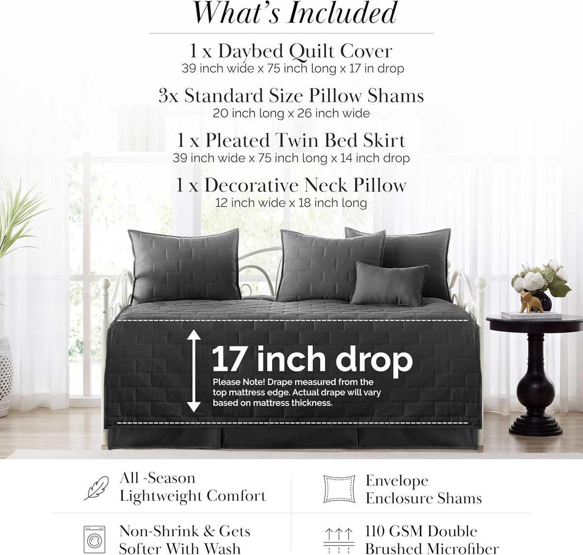 Daybed Quilt Set 6PC Bedding Set Daybed Cover for twin beds easy care Black
