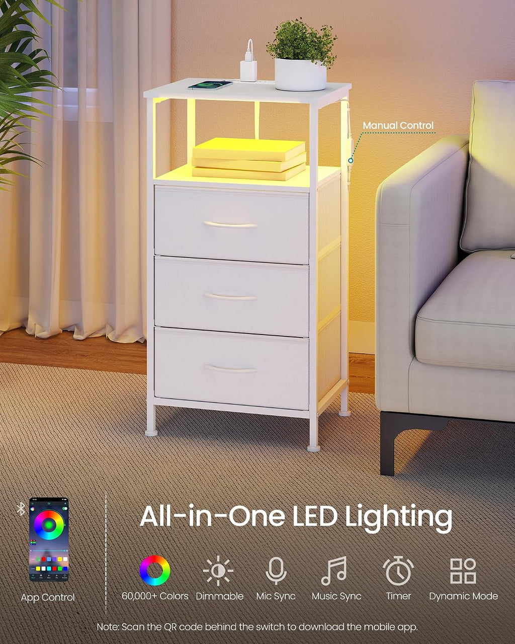 SONGMICS Nightstand with Charging Station, 3 Fabric Drawers