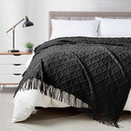 BOURINA Black Throw Blanket 50 x70 Inches Jacquard Argyle Throw Textured Solid by BOURINA