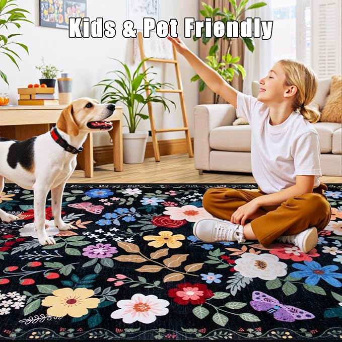 Area Rug Living Room Rugs: Floral 5x7 Washable Rug Vintage Soft Boho Non-Slip - Image 8