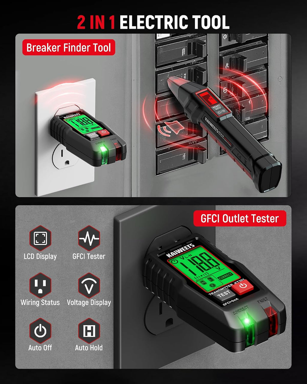 KAIWEETS Circuit Breaker Finder with LCD Display, GFCI Outlet Tester, Electrical Circuit Tracer Tool with NCV Test & Flashlight, Includes Carrying Case and Adapters- KT301P