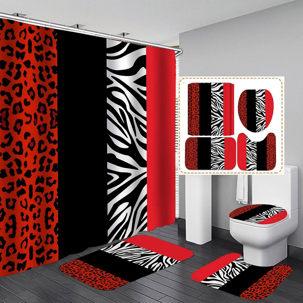 4PCS Leopard Print Shower Curtain Set with Rug, Toilet Lid Cover and Bath Mat,Red Black Splice Shower Curtain with 12 Hooks, Complete Bathroom Accessories Decor Set
