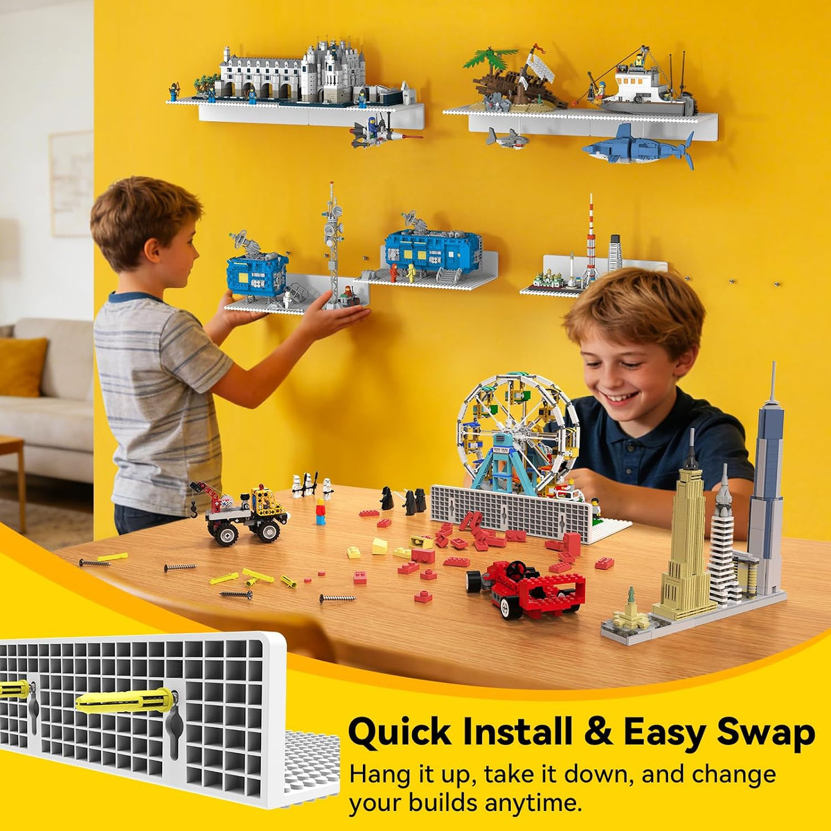 BlissBox 8-Pack Floating Shelves for Wall Compatible with Lego Bricks,White