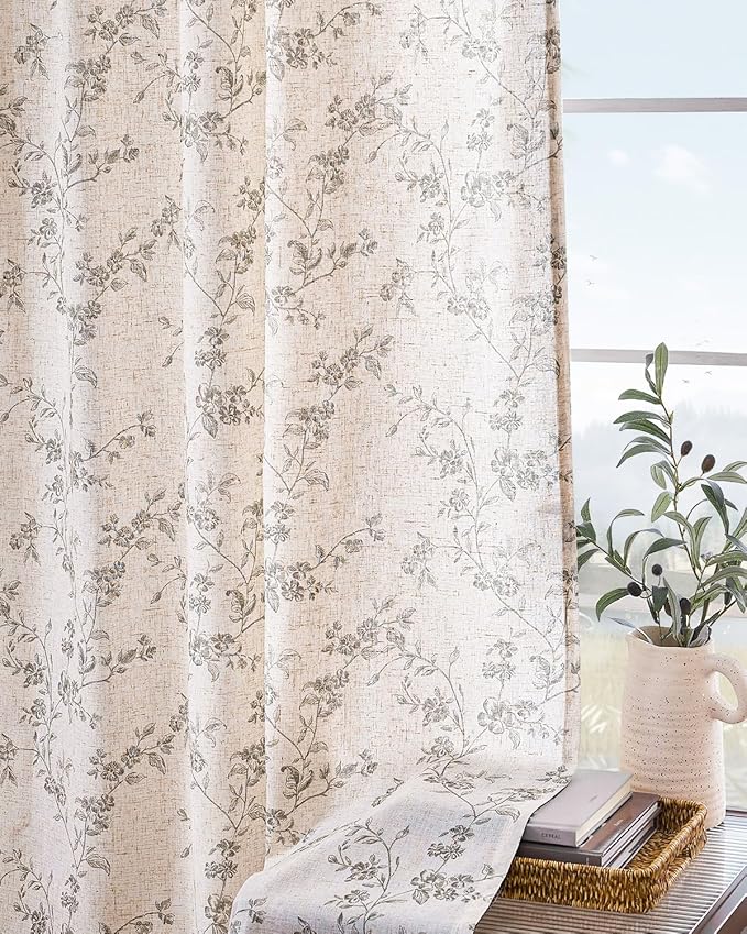Lazzzy Grey Floral Linen Curtains 96 Inch Farmhouse Back Tab Drapes - Image 8