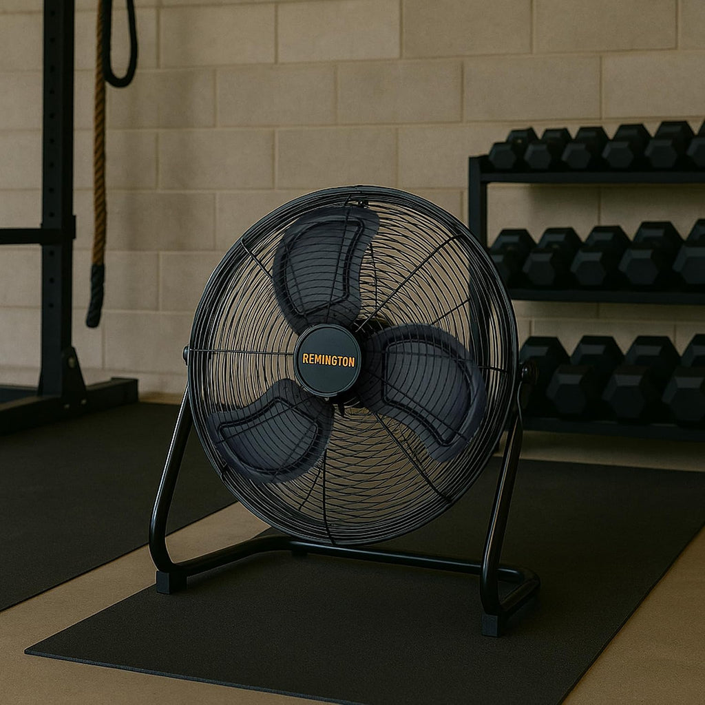 Remington High Velocity Floor Fan, 3 Speed Portable Cooling Unit - Heavy Duty Metal Airflow for Large Shops, Garages, and Warehouses, 20 Inch, Black