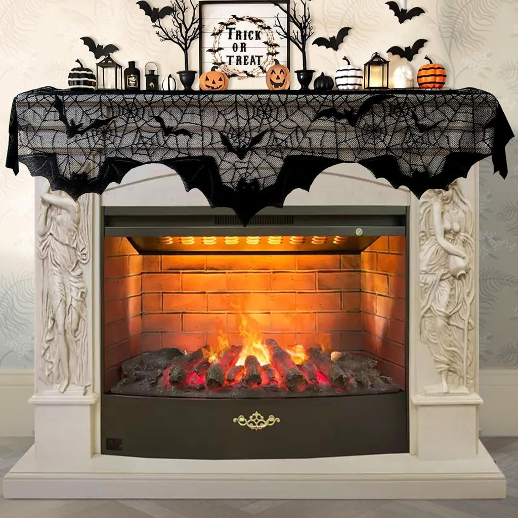 AerWo Halloween Decorations Indoor Fireplace Mantel Scarf, Black Lace Spiderweb Fireplace Cover for Halloween Mantle Decor Festive Party Supplies,20x79 inches