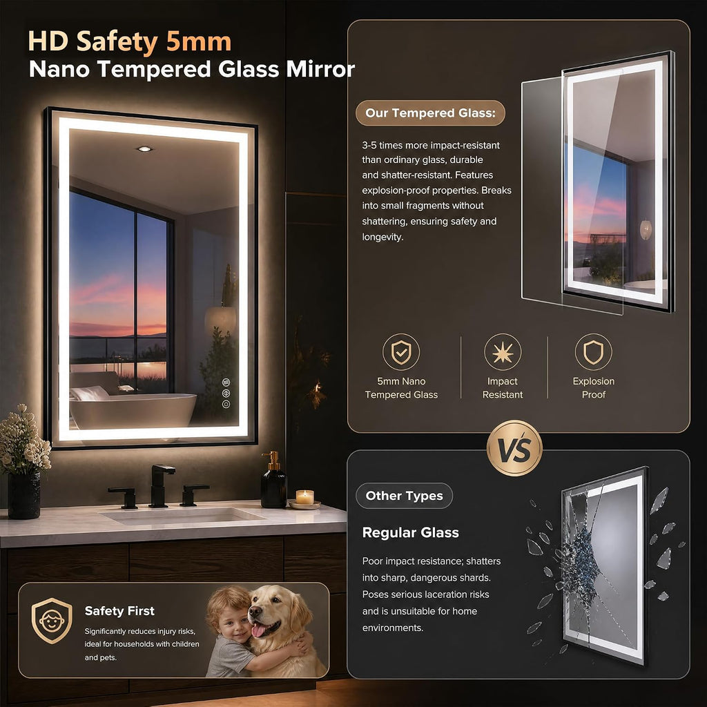 Antok 24X36 LED Bathroom Mirror with Lights, Vanity Mirror for Wall with Black Frame, Touch Control, Anti-Fog, Dimmable Lights, Shatter-Proof, Memory Function, Wall-Mounted Vanity Mirrors