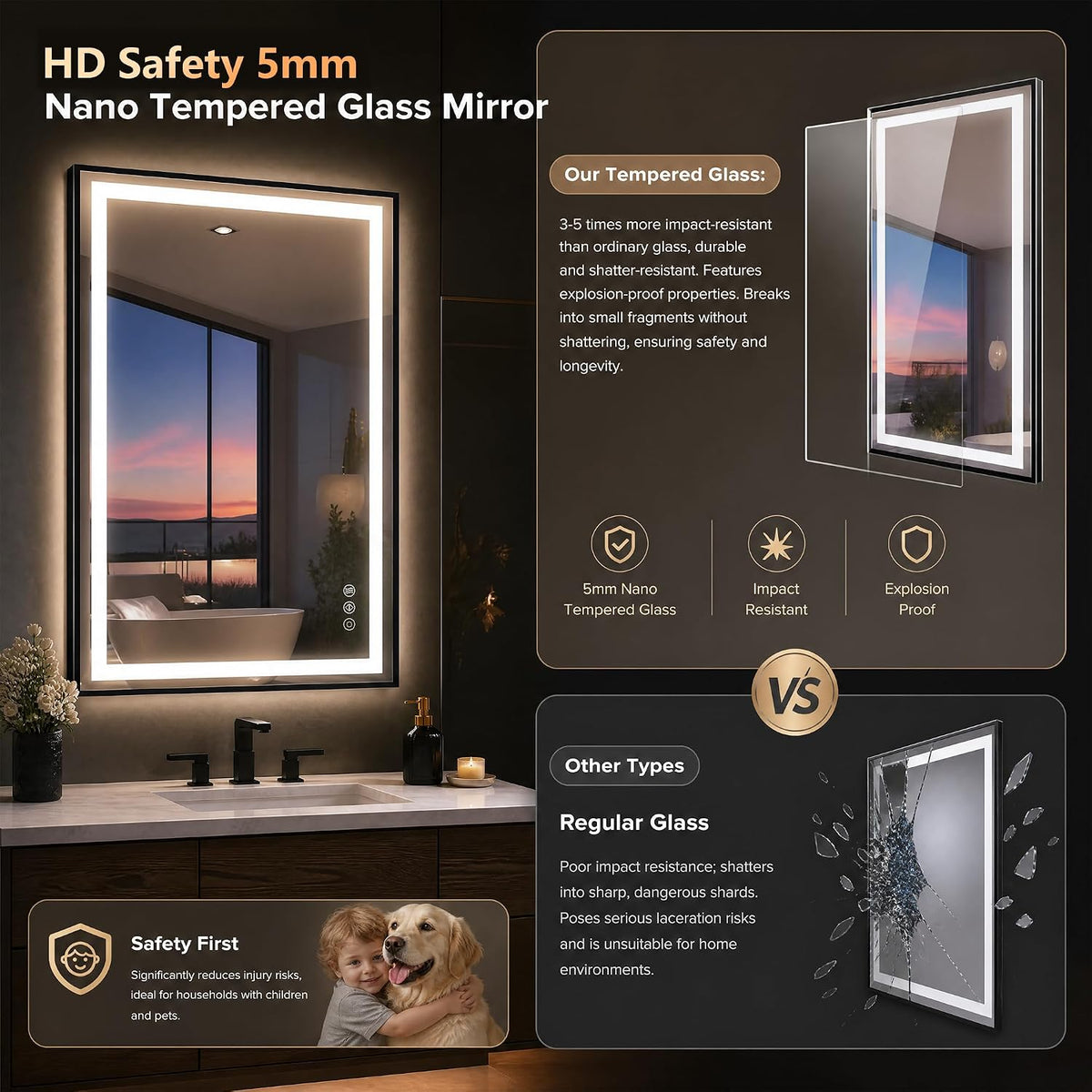 Antok 24X36 LED Bathroom Mirror with Lights, Vanity Mirror for Wall with Black Frame, Touch Control, Anti-Fog, Dimmable Lights, Shatter-Proof, Memory Function, Wall-Mounted Vanity Mirrors