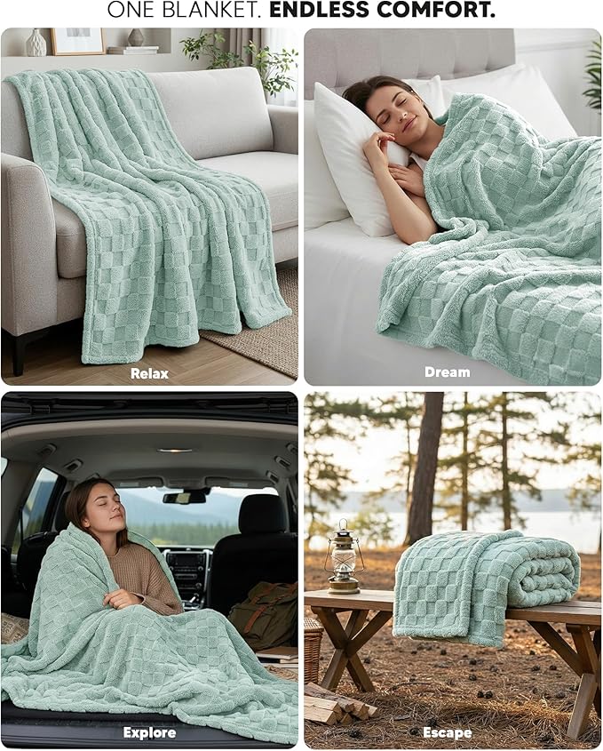 Utopia Bedding Sage Green Checkered Fleece Throw Blanket - Image 4