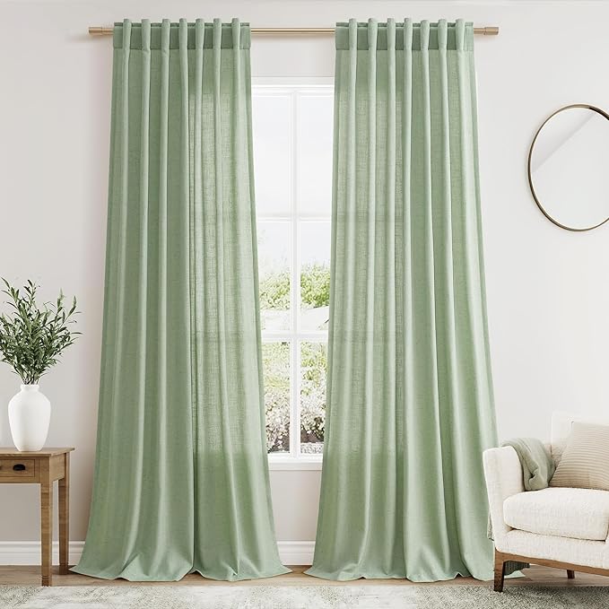 Nanspring Mist Sage Linen Curtains Semi Sheer 96 Inches Long 2 Panels Set by Nanspring