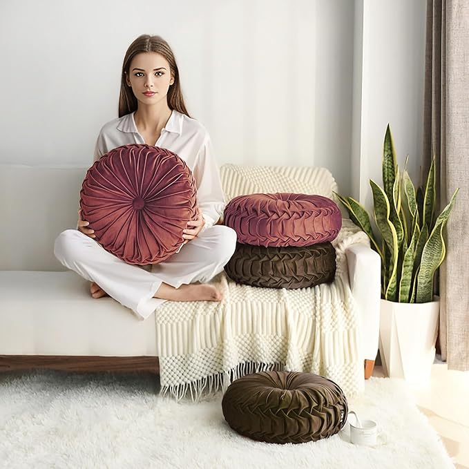 HIG Set of 2 Decorative Round Pleated Throw Pillows, Classy Accent Pumpkin - Image 7