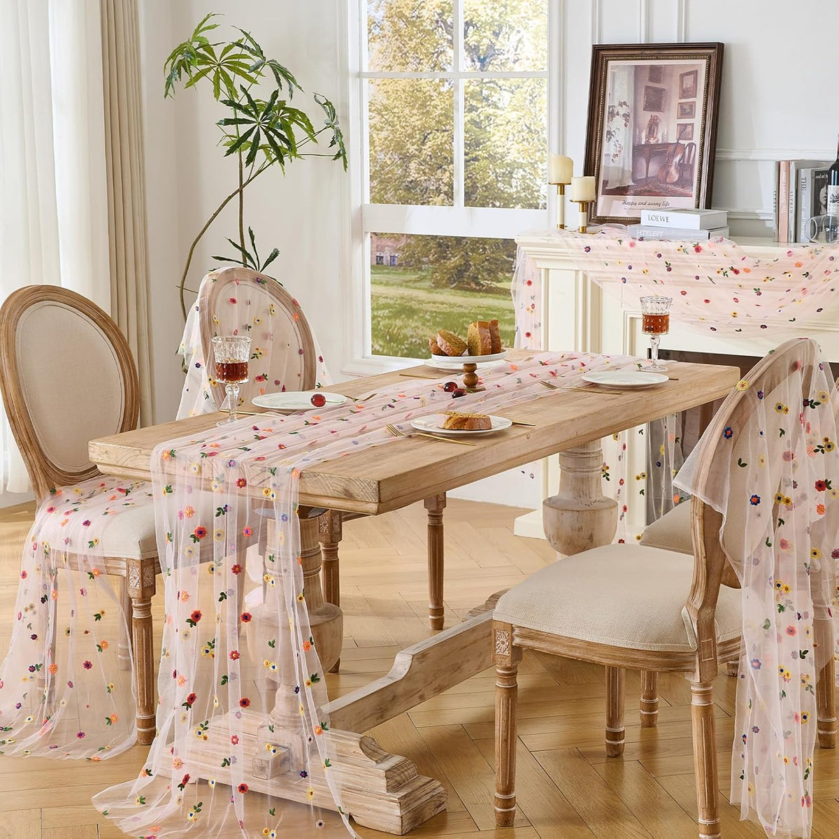 BINBE 6pcs Pink Daisy Spring Table Runner Embroidery Gauze 10FT Florals Seasonal Tulle Holiday Birthday Kitchen Dining Table Decor for Home Party