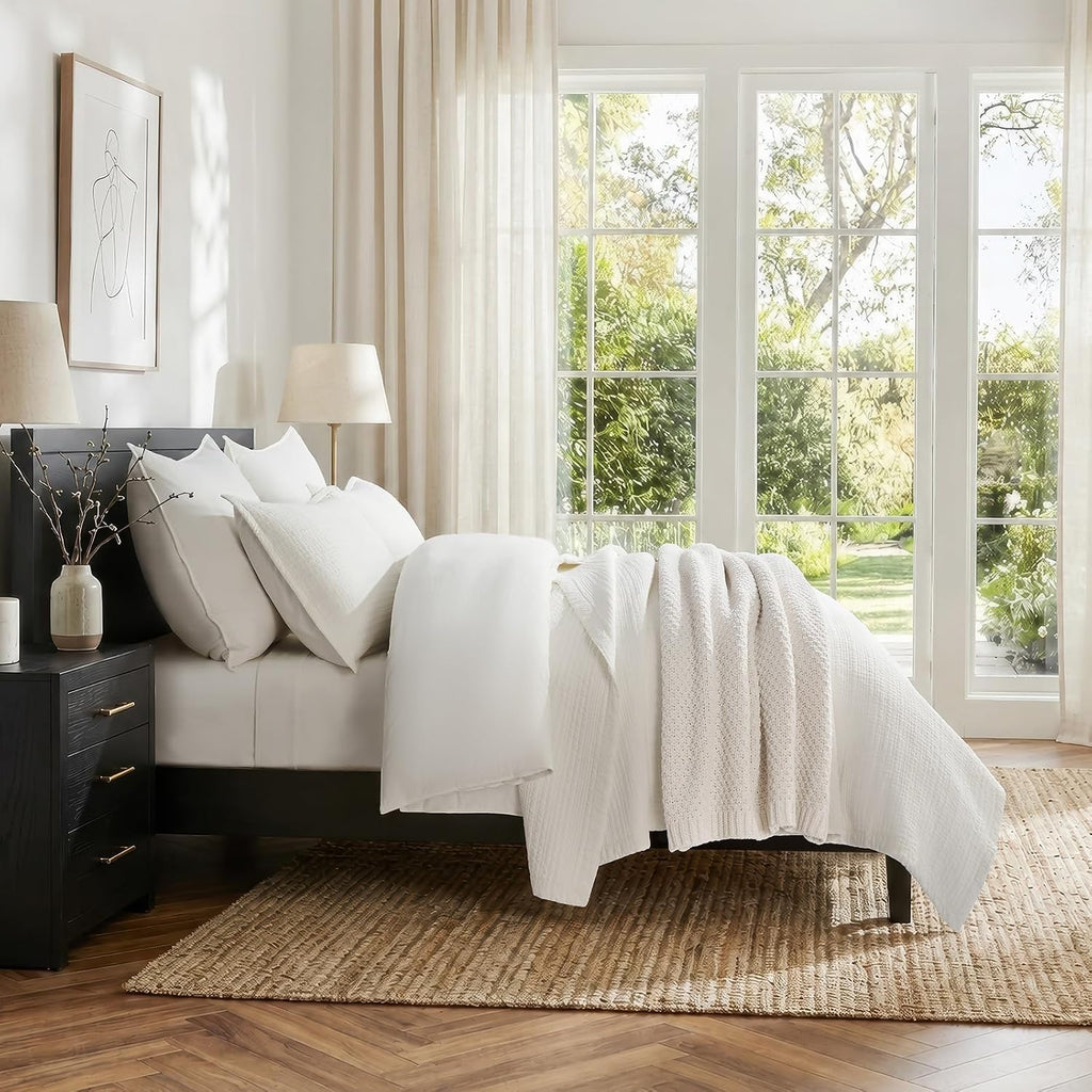 EverGrace Stonewashed Textured Cotton Quilt Set, King Size, Ivory White