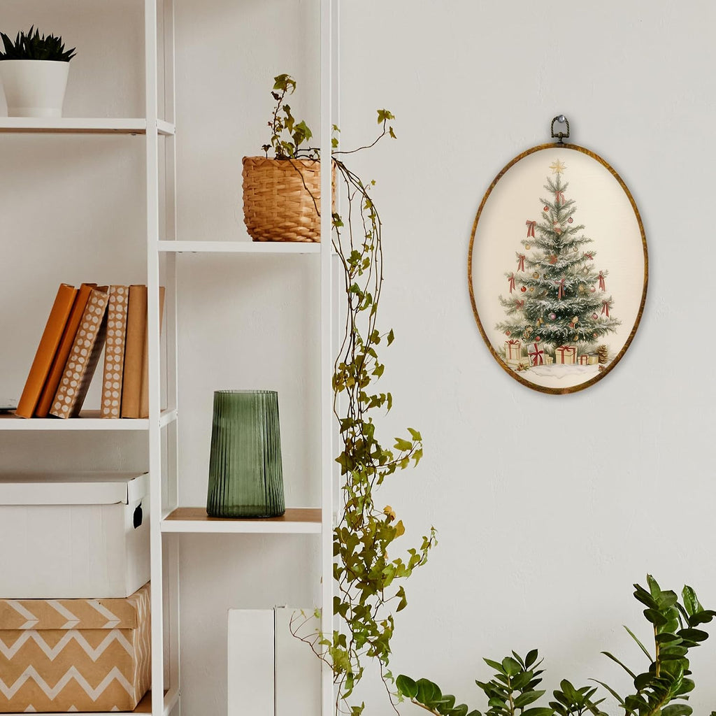 XPH Vintage Christmas Tree Oval Wall Art Framed, Rustic Winter Xmas Tree Oval Wall Decor, Farmhouse Christmas Cozy Winter Hanging Canvas Prints for Home Bedroom Living Room Decoration, 8.6x11.4 Inch