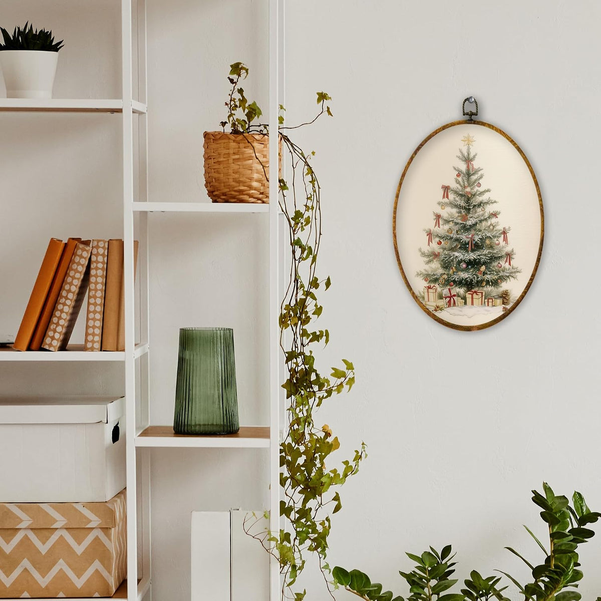 XPH Vintage Christmas Tree Oval Wall Art Framed, Rustic Winter Xmas Tree Oval Wall Decor, Farmhouse Christmas Cozy Winter Hanging Canvas Prints for Home Bedroom Living Room Decoration, 8.6x11.4 Inch