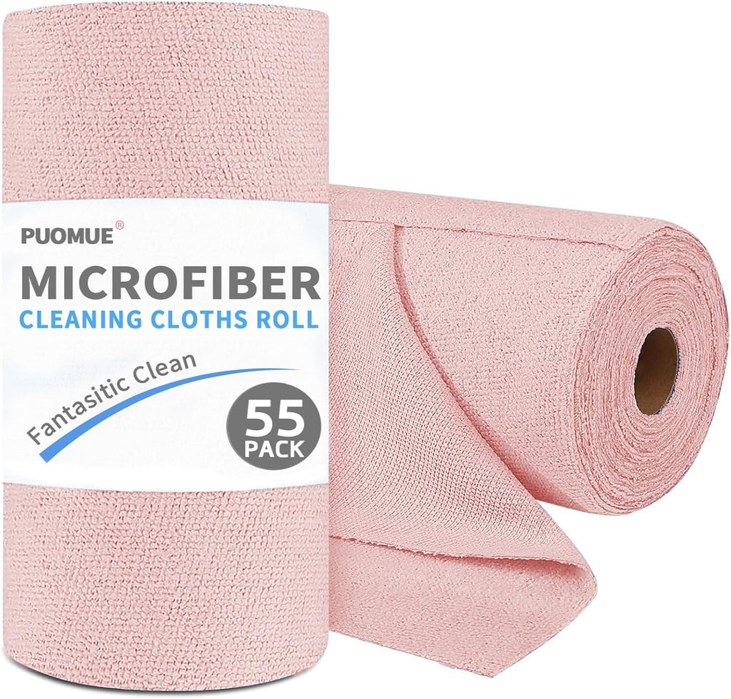 Puomue 55 Pack Microfiber Cleaning Cloth Roll, Tear Away Reusable Paper Towels, 11" x 9", Ultra Absorbent & Lint Free Microfiber Cloth for Cleaning Cars, Kitchen, Window, Home and Shop, Pink