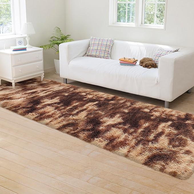 Super Soft Fluffy Living Room Area Rug 2x8 ft Tie-Dyed Brown Shaggy Furry - Image 2