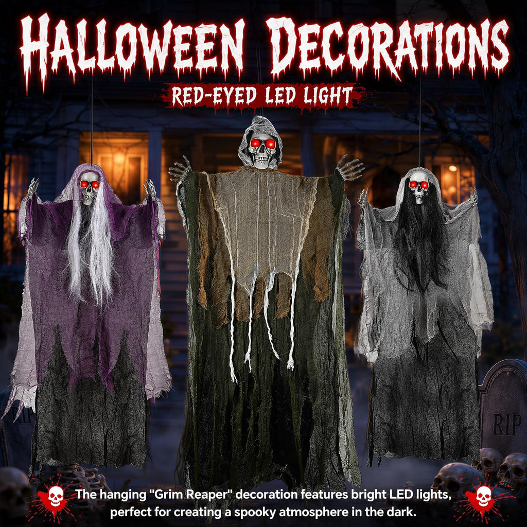 3PCS Scary Hanging Ghosts with Glowing Eyes, Light-Up Halloween Ghost Decorations, Outdoor/Indoor Decor for Graveyard, Haunted House, Yard, Patio, Lawn, Garden & Spooky Party Props