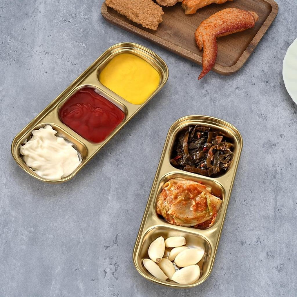 6 Pcs Soy Sauce Dish, Divided Dip Bowls with 3 Compartment, Seasoning Dipping Sauce Plate, Stainless Steel Serving Tray (Golden)