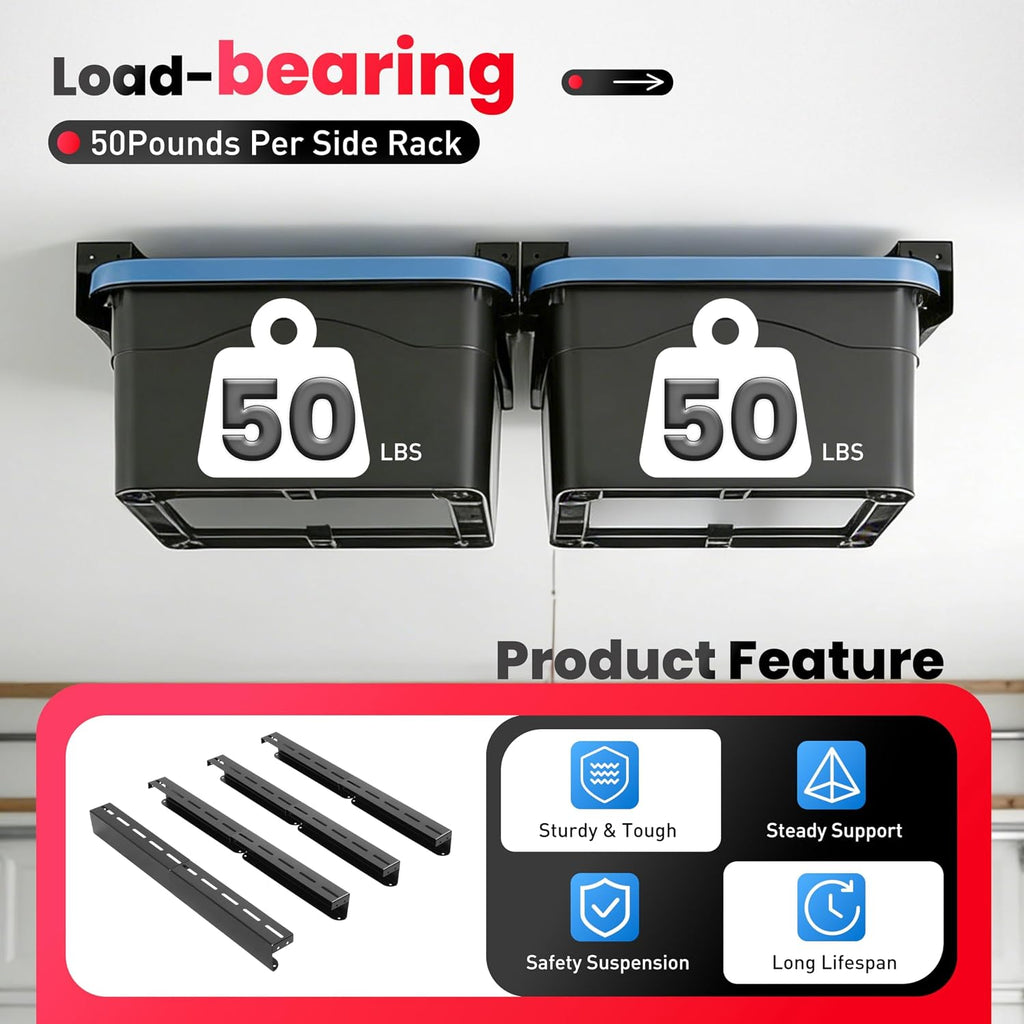 Overhead Garage Storage Rack for 4 Bins, 8pcs Connectable Single Rails
