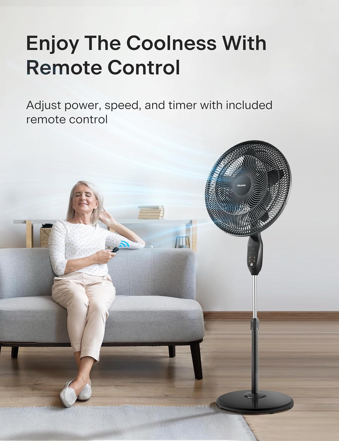 PELONIS 18" 5-Blade Adjustable Oscillating Pedestal Fan with Remote, Black