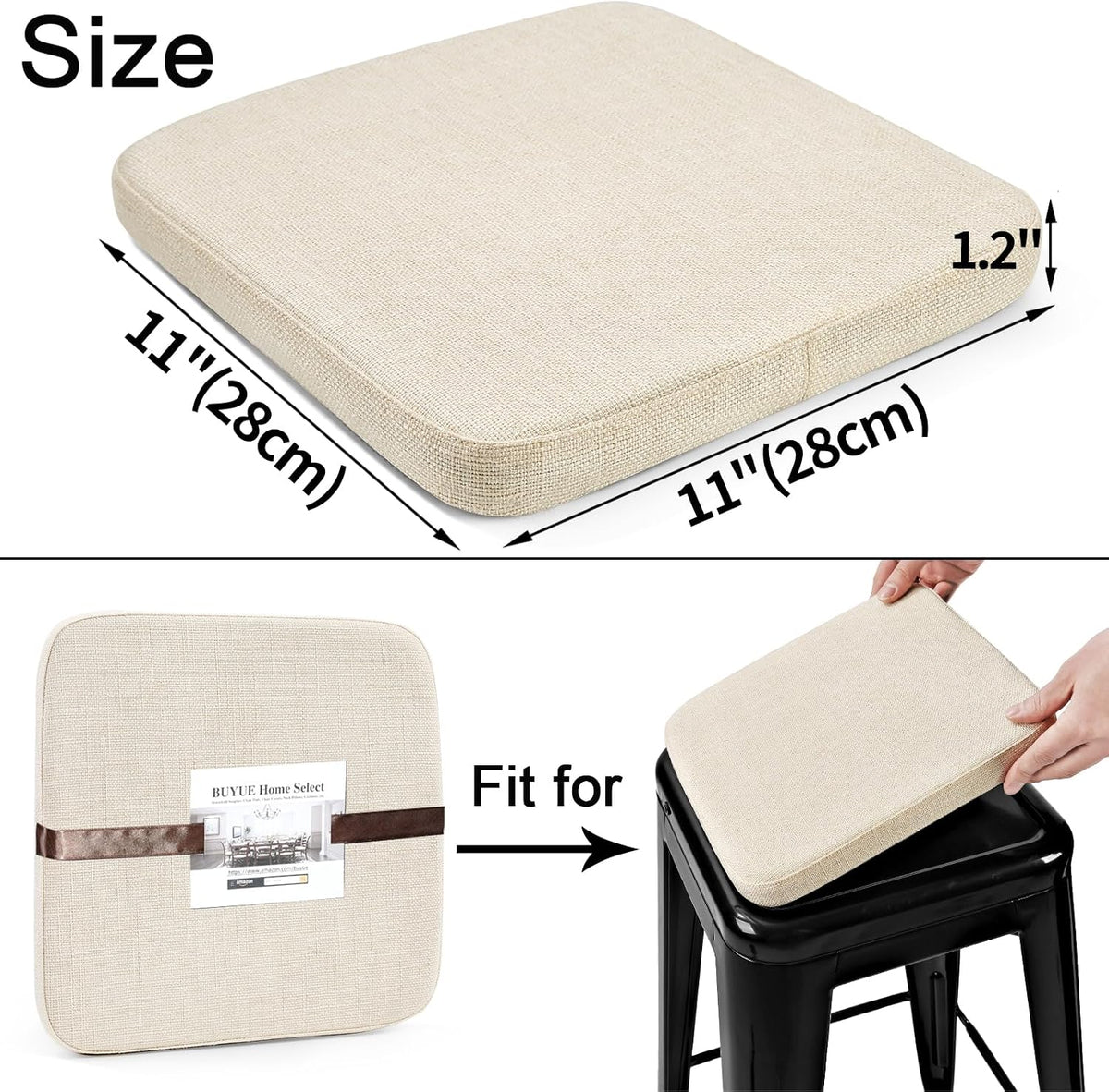 BUYUE Friendly Woven Fabric Magnetic Bar Stool Cushion 1 Piece, Enhanced Anti-Slip Breathable Small Chair Seat Pad for Café Bistro Stackable Metal Stool (Square, Beige, 1)