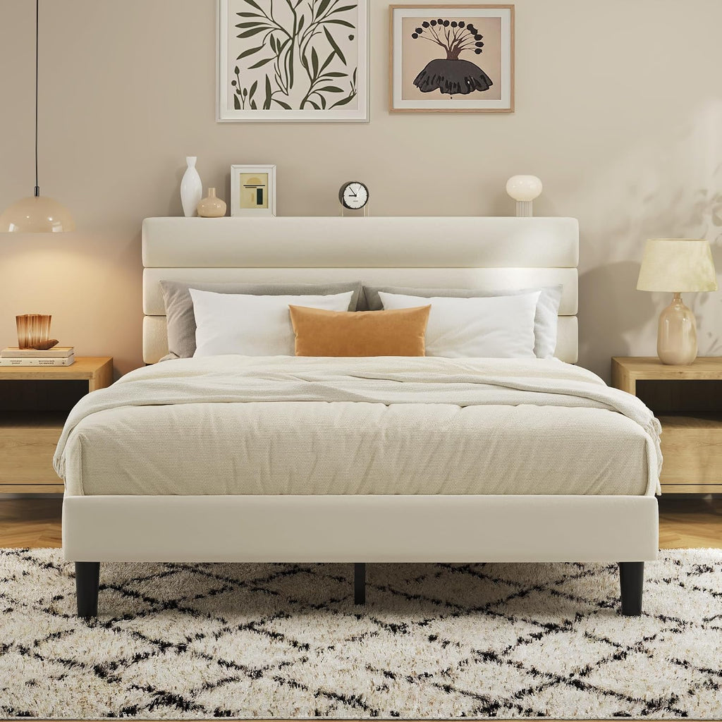 Fluest Queen Bed Frame, Platform Bed Frame with Velvet Upholstered Headboard, No Box Spring Needed, Sturdy Metal Support, Noise Free, Easy Assembly, Modern Bedroom Furniture, Beige