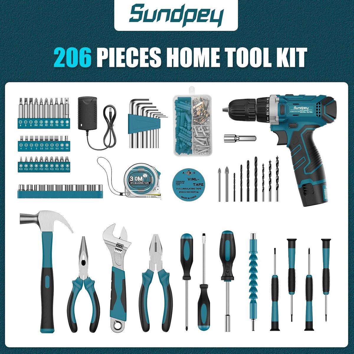Sundpey 206 & 148 Pcs Tool Kit - Portable Complete Home and Auto Repair Tool Set Blue & Red