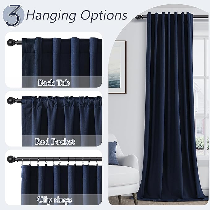 Guken Navy Blue 100% Blackout Linen Curtains 63 Inch Length 2 Panels Set - Image 6