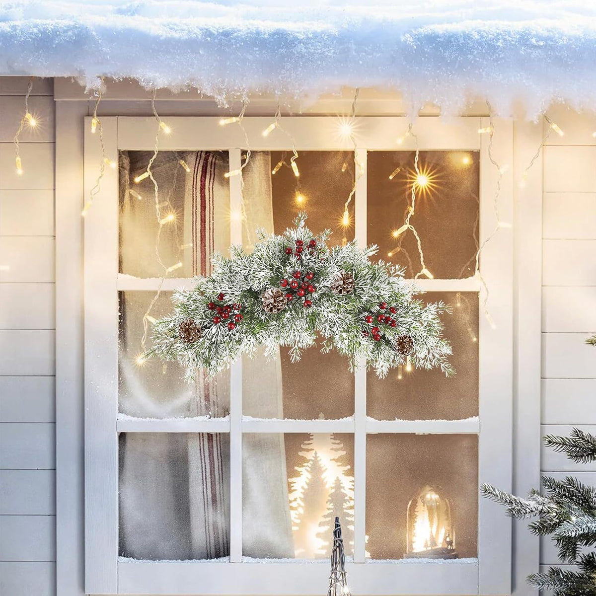 26 inch Christmas Decorative Swag Artificial Christmas Mailbox Swag Pine Branch Red Berry Front Door Winter Decor for Xmas Holiday Outdoor Porch Door Patio Decor