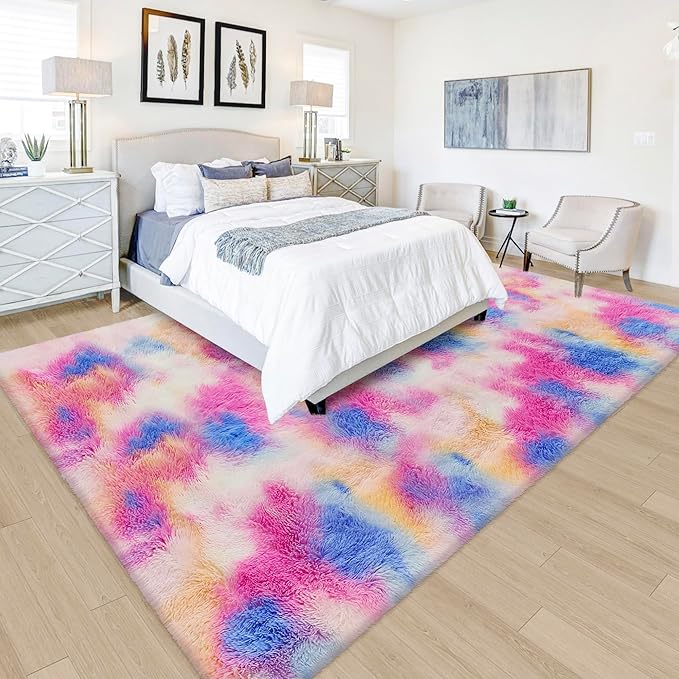 Fluffy Rainbow Colorful Rug for Living Room 5x8 Kawaii Rainbow Tie Dye Area Rug - Image 2