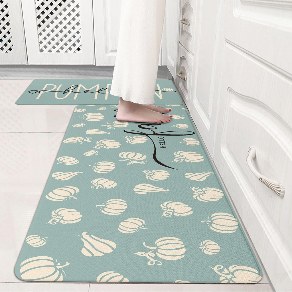 Fall Autumn Pumpkin Blue Kitchen Rug Set 2 PC, 17"x29"+17"x47"