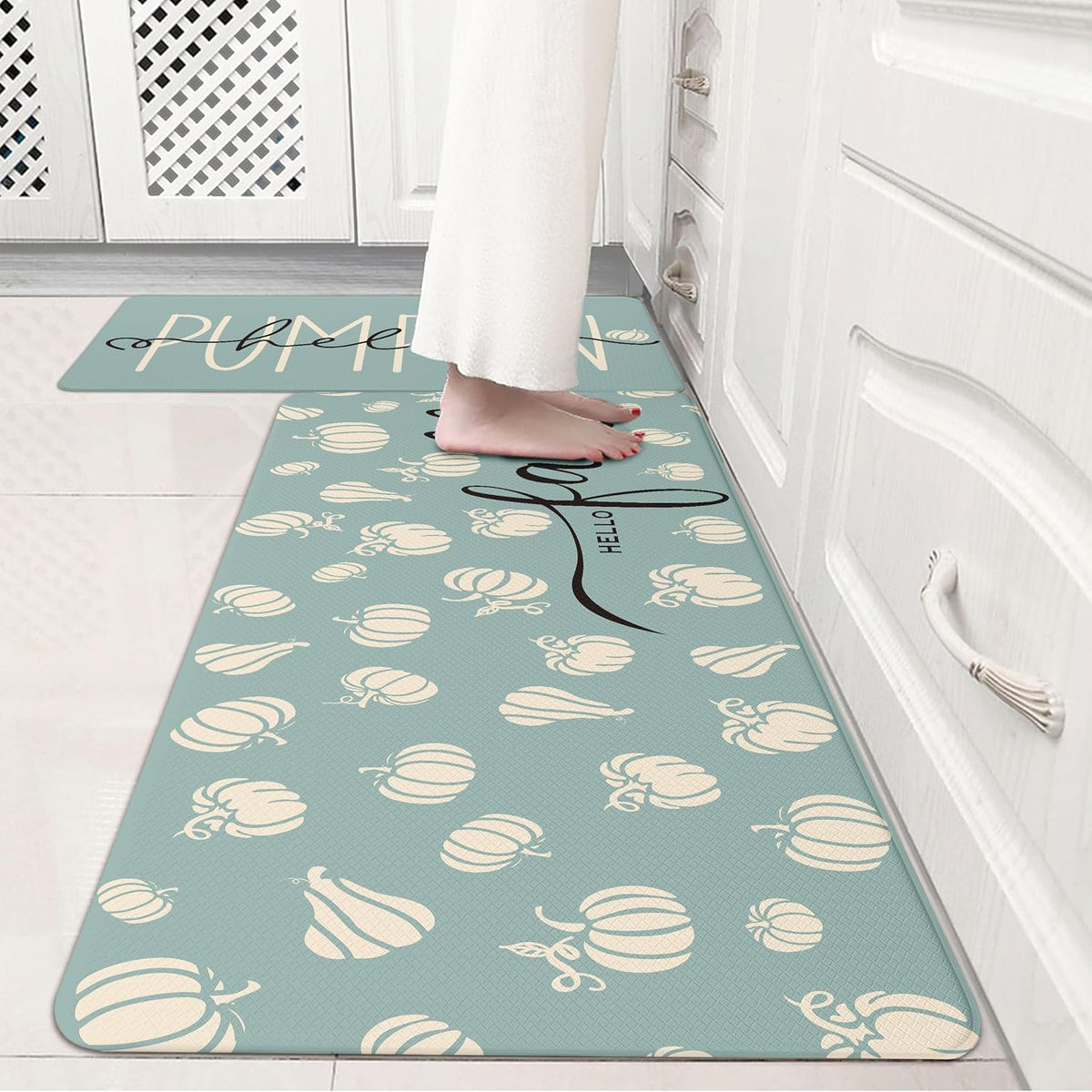 Fall Autumn Pumpkin Blue Kitchen Rug Set 2 PC, 17"x29"+17"x47"