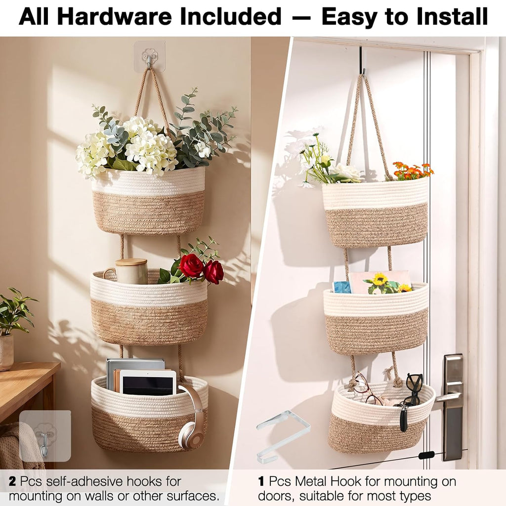 Hanging Baskets for Organizing 3-Tier Basket Mixed Brown&Off White