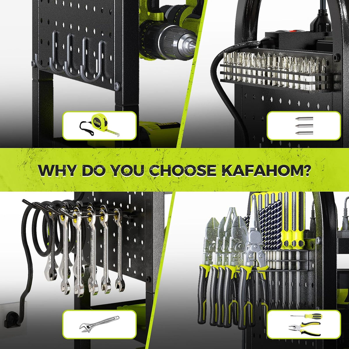 KAFAHOM Power Tool Organizer Cart with Charging Station,Garage Floor Rolling Storage on Wheels for Mechanic,Mobile 8 Drill Holder, Utility Cart with Battery Charging 8 Outlet Power Strip