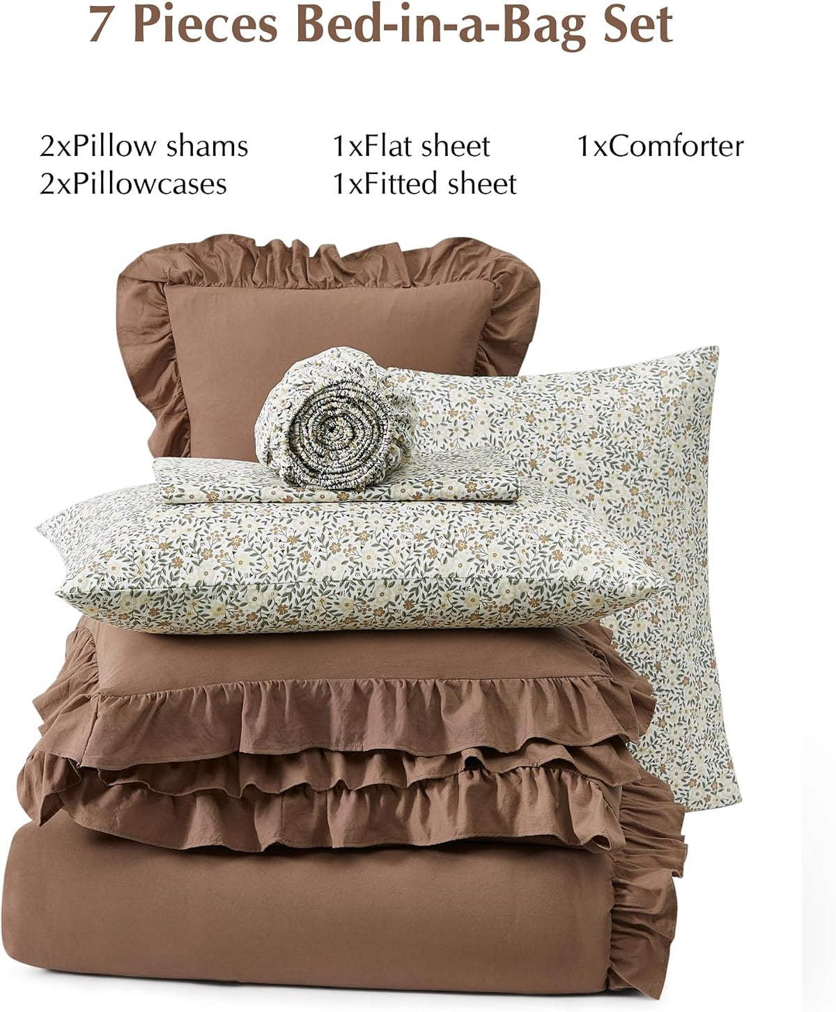 BLOOMHAVEN Queen Comforter Set-7 Pieces Ruffle Bedding with Floral Sheet