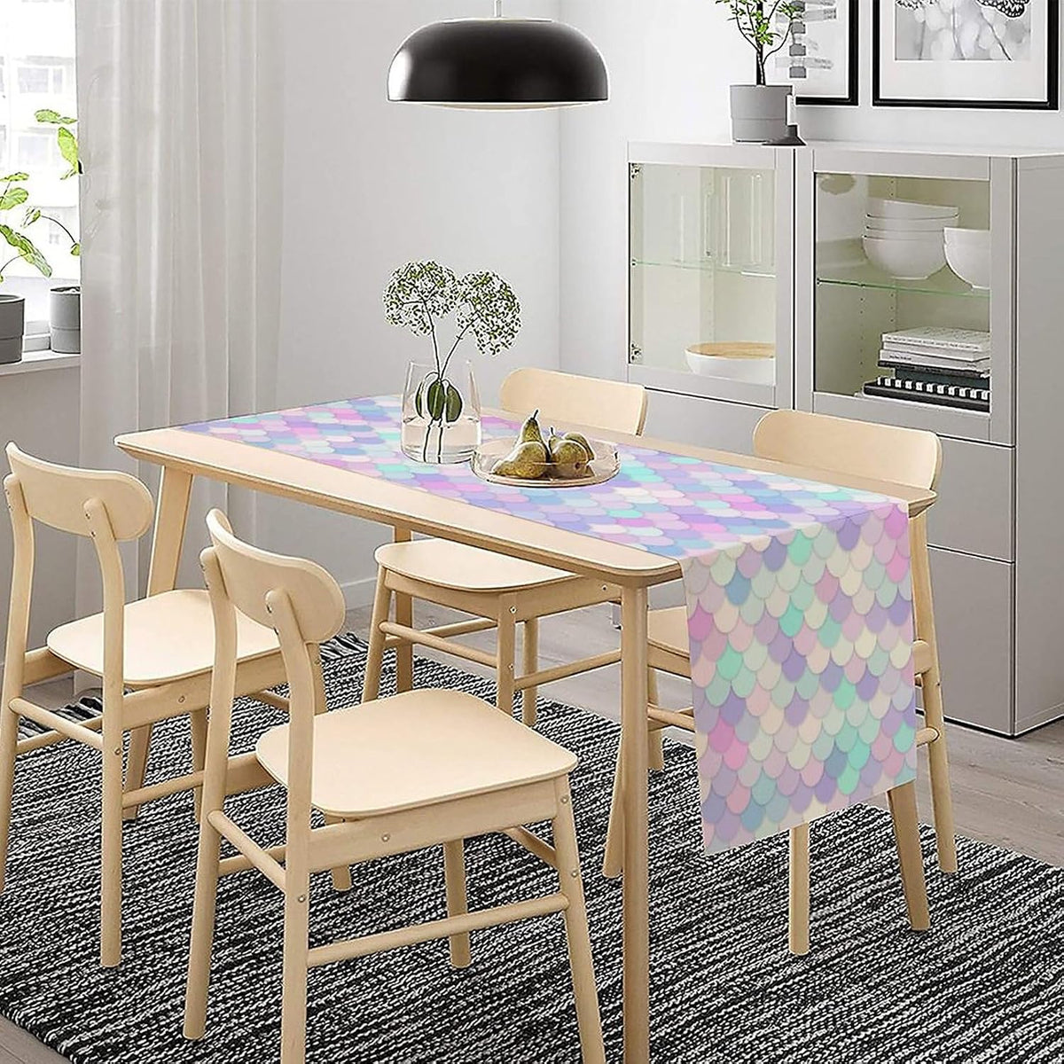 Mermaid Scales Table Runner Sea Theme Magic Blue Purple Pink Watercolor Scales Pattern Printed Linen Table Runner for Home Kitchen Dining Table Decoration,13x108 Inch