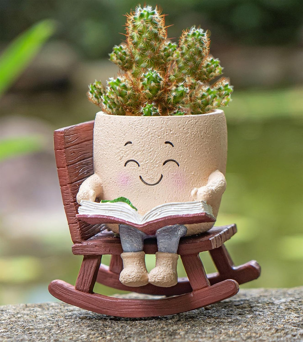 Rocking Chair Smiley Face Planter,Cute Plant Pots for Indoor Outdoor Plants,Succulent Pots with Drainage Hole,Unique Funny Flower Pot for Succulents,Plant Gifts for Mother's Day, Birthday, Christmas