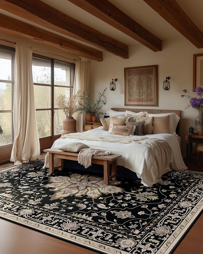 Area Rugs 6'x9' Washable Non-Slip, Floral Vintage Distress Print Pattern - Image 3