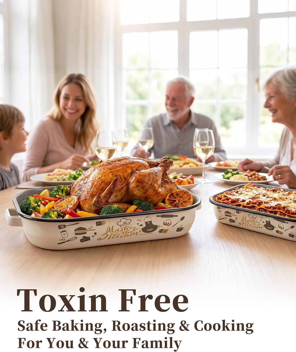 Enamel Turkey Roasting Pan with Rack Set, Casserole Dishes for Oven