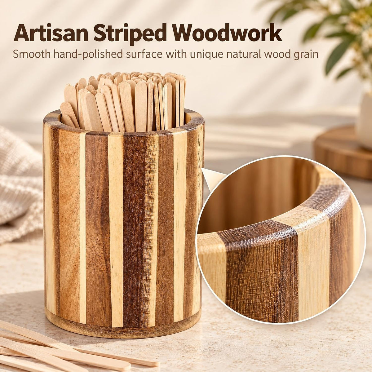 Wood Coffee Stirrers Holder Set with 100 Disposable Stir Sticks