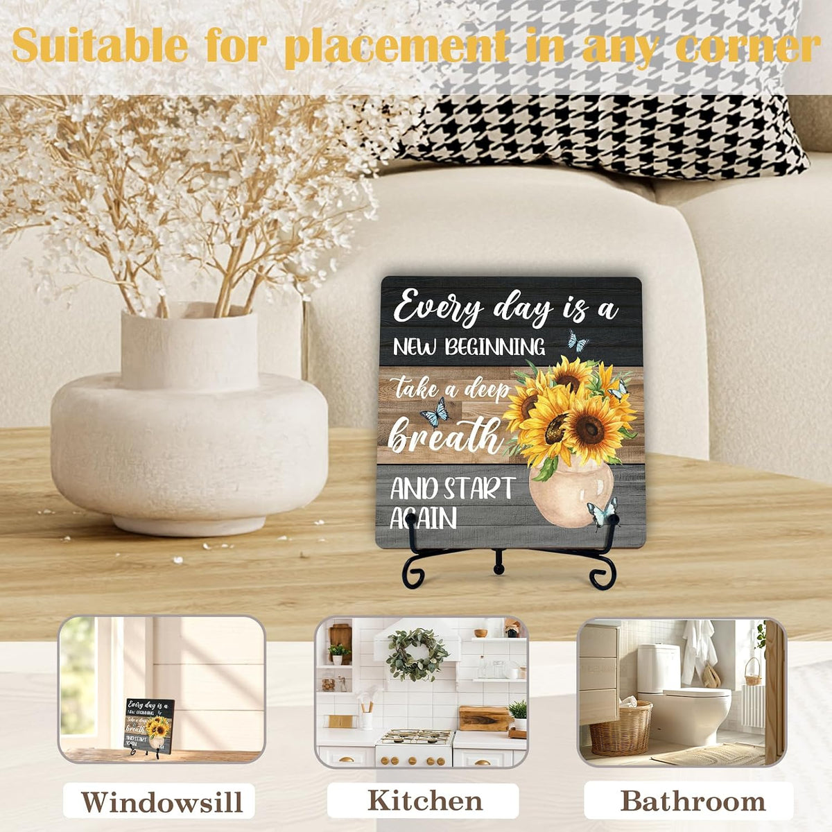 Sunflower Wooden Table Decor, Inspirational Sunflower Kitchen Decor and Accessories for Rustic Farmhouse, Butterfly Decoration for Home Bathroom Office Living Room (Multicolor Wooden textured)