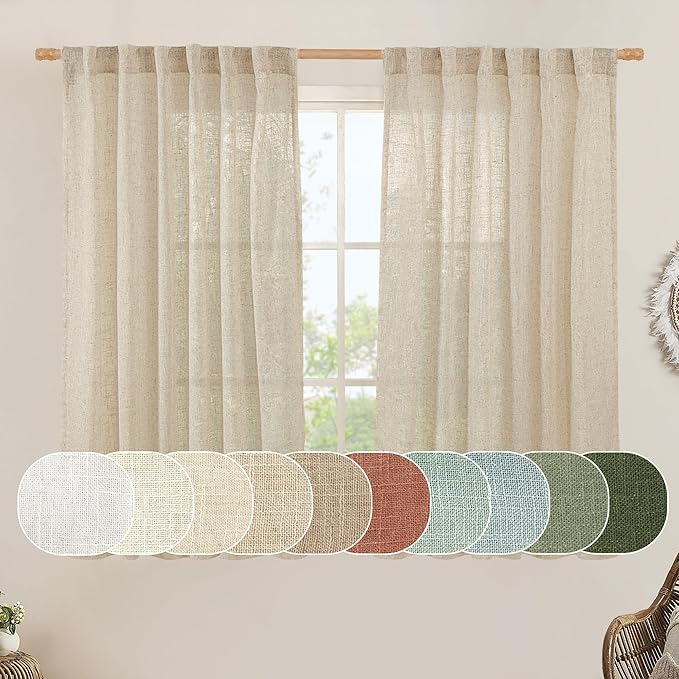 LAMIT Semi Sheer Linen Curtains 54 Inch Length 2 Panels, Light Filtering Panels by LAMIT